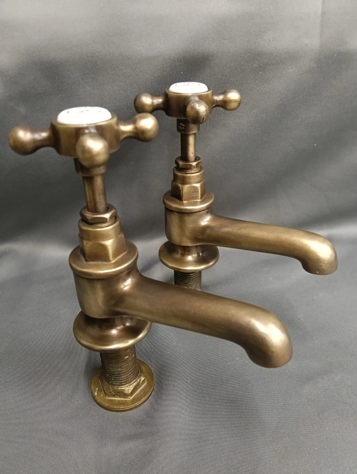 Vernon Tutbury Basin Taps Aged Bare Brass Reconditioned 9 cm Spout D1