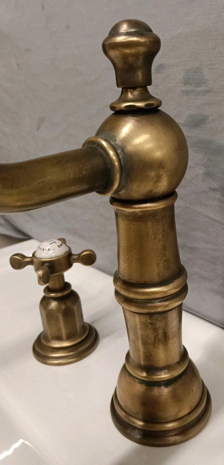 Perrin & Rowe Bare Aged Brass Three Hole Basin Mixer Taps Reconditioned