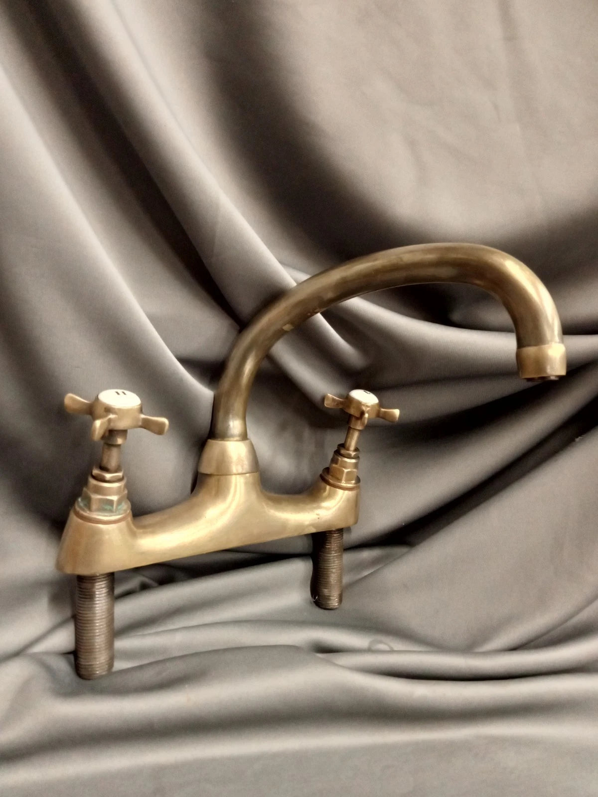 Kitchen Mixer Taps, Biflo, Bare Aged Brass Flat Base Mounted Taps