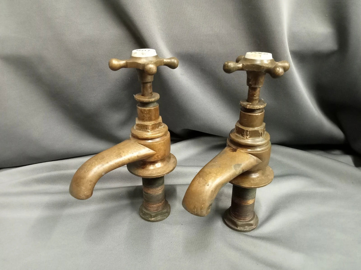 Old Brass Bath Taps Original Dark Patina Long 3.5" Reach Reclaimed Refurbished