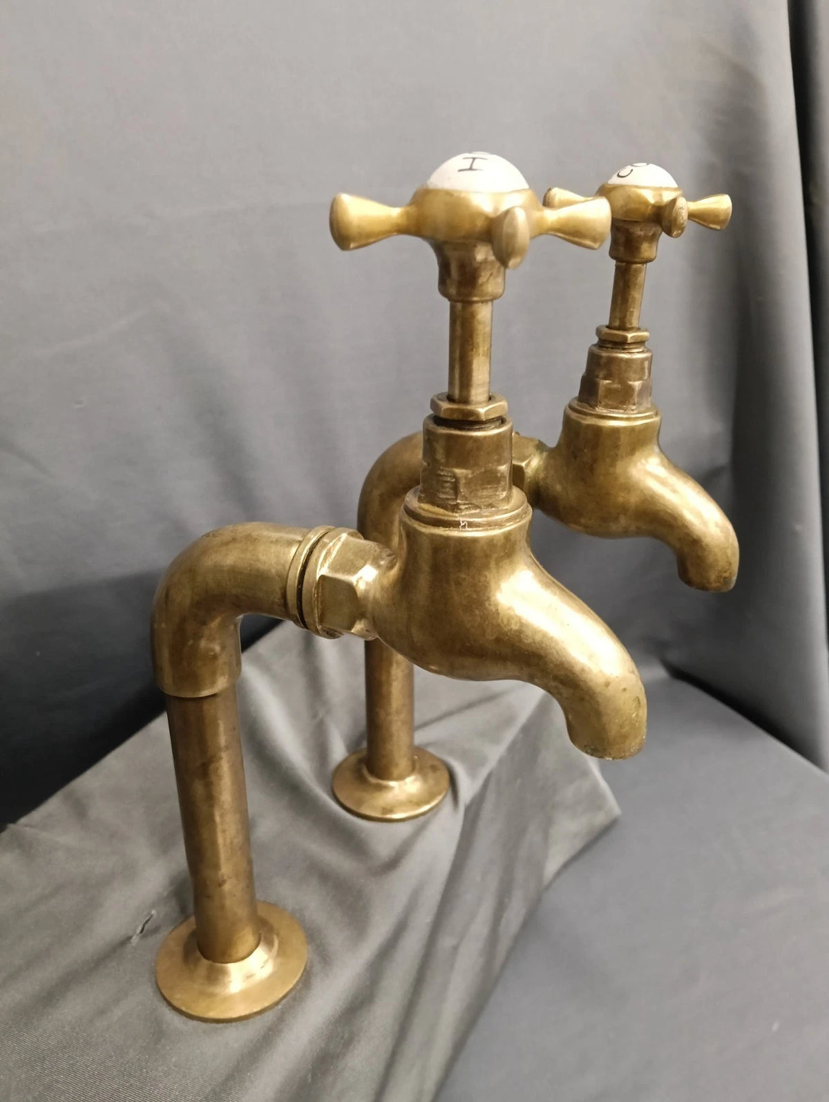 Aged Brass Tall Bib Taps 13 cm Spout Reclaimed & Fully Reconditioned One Pair