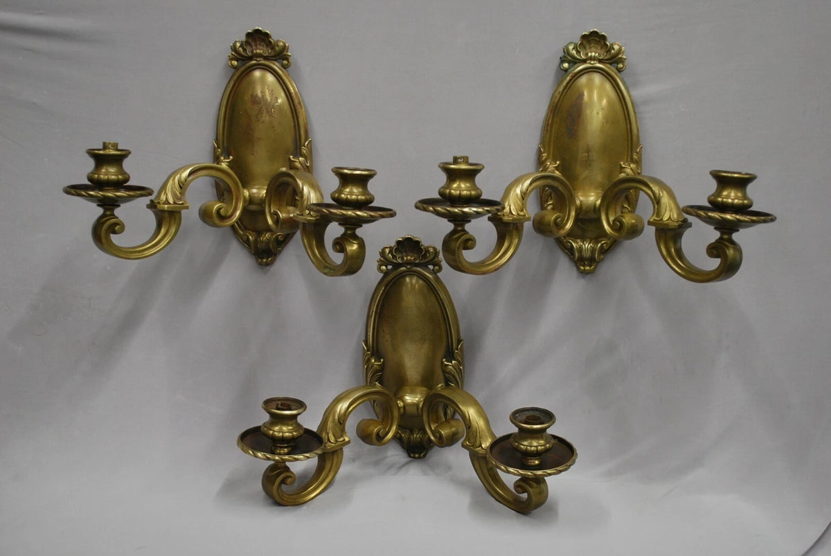Three Vintage Brass Wall Mounted Lights, Classic Baronial Quality Light Fittings