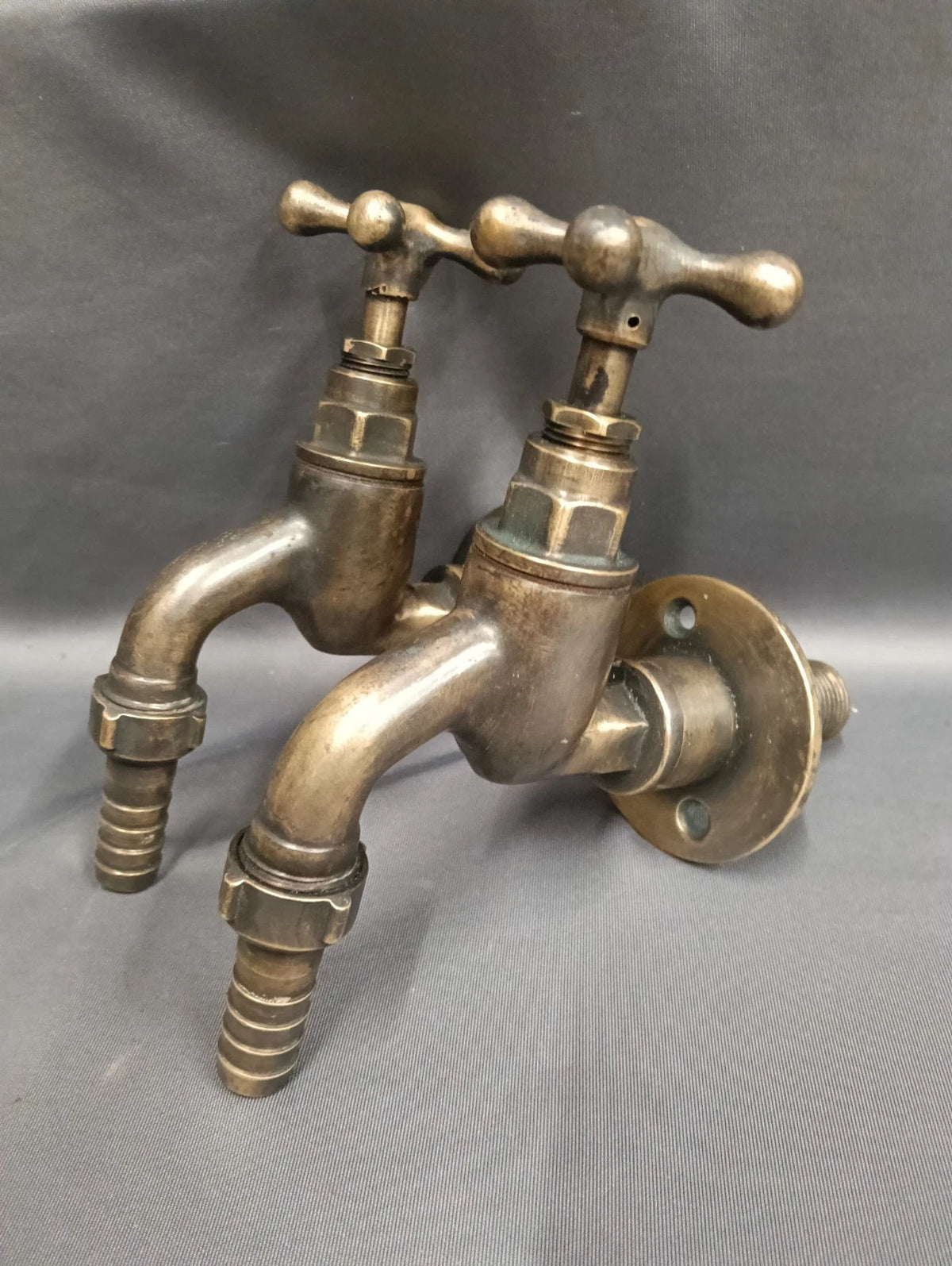 Aged Patina Brass Wall Mounted Taps, Fully Reconditioned, Back Fed