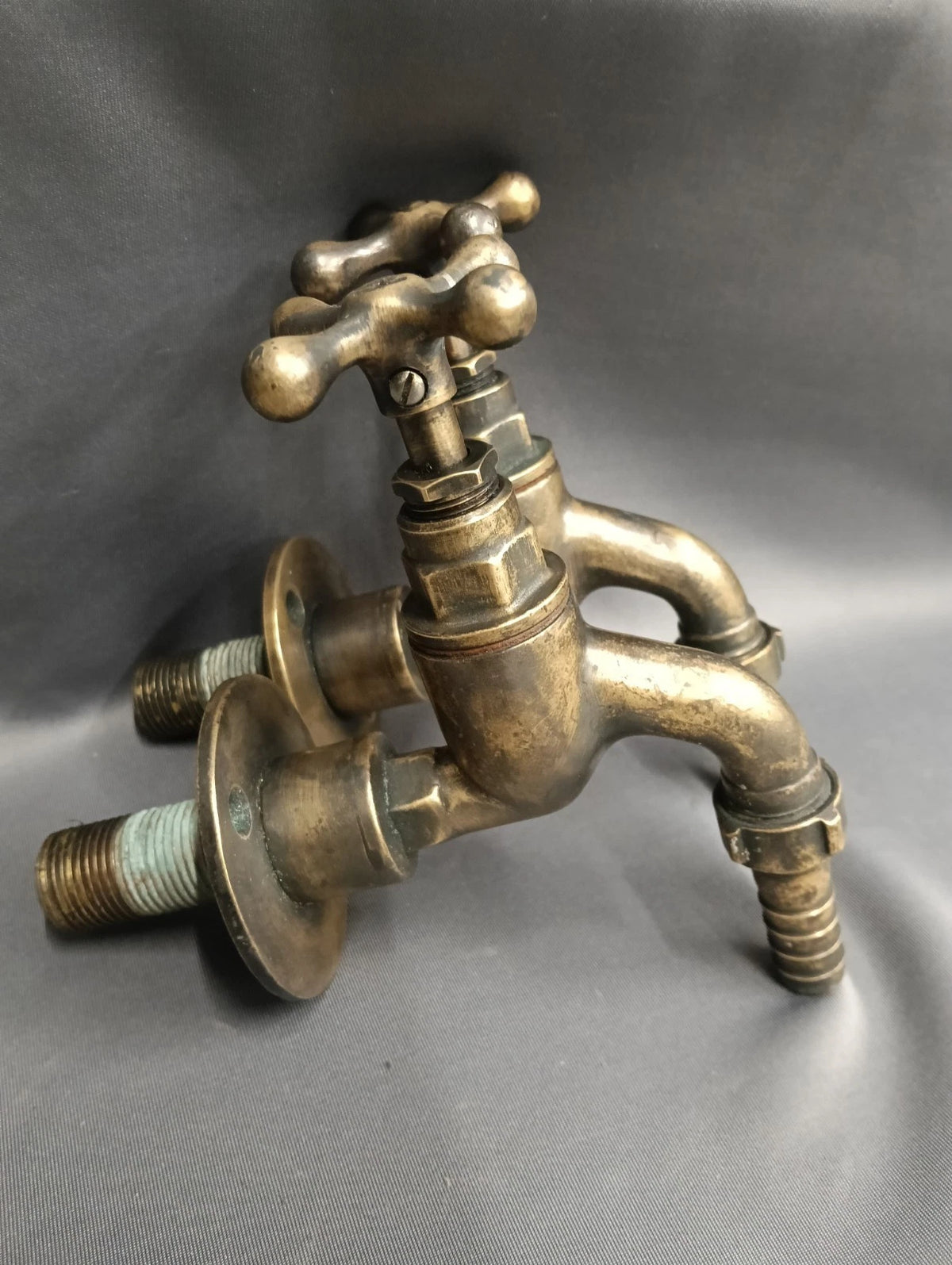 Aged Patina Brass Wall Mounted Taps, Fully Reconditioned, Back Fed