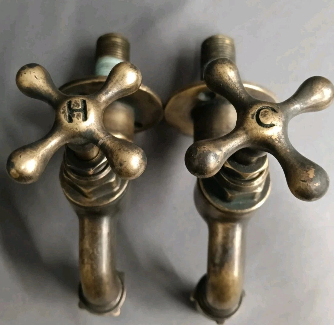 Aged Patina Brass Wall Mounted Taps, Fully Reconditioned, Back Fed