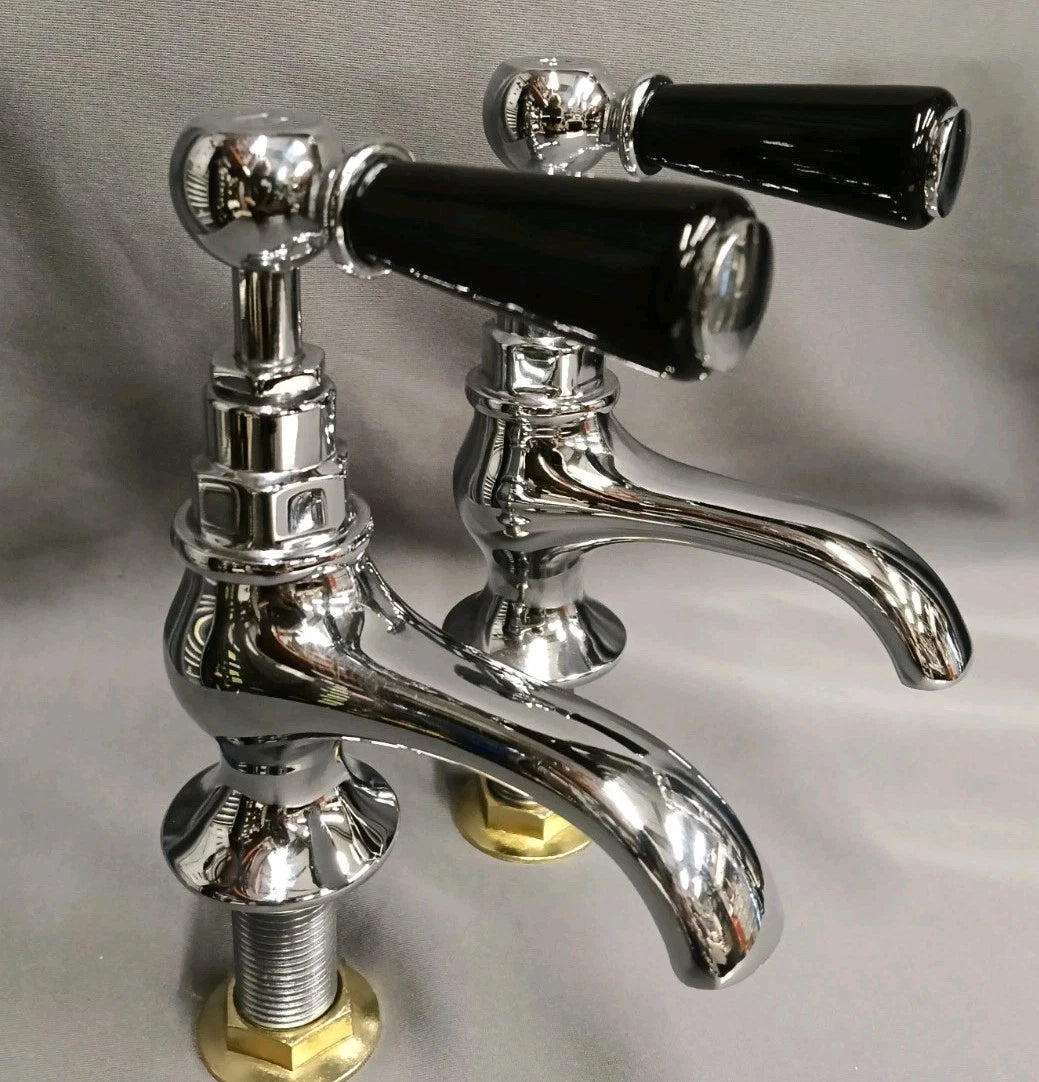 Lefroy Brooks Chrome Basin Taps, Black or White Levers Fully Reconditioned
