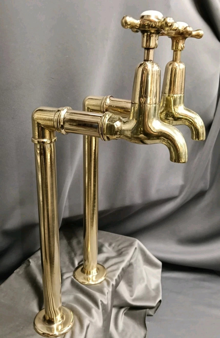Brass Bib Taps, Supertall, Long Reach Bare Brass, Reclaimed 16 cm Spout Reconditioned