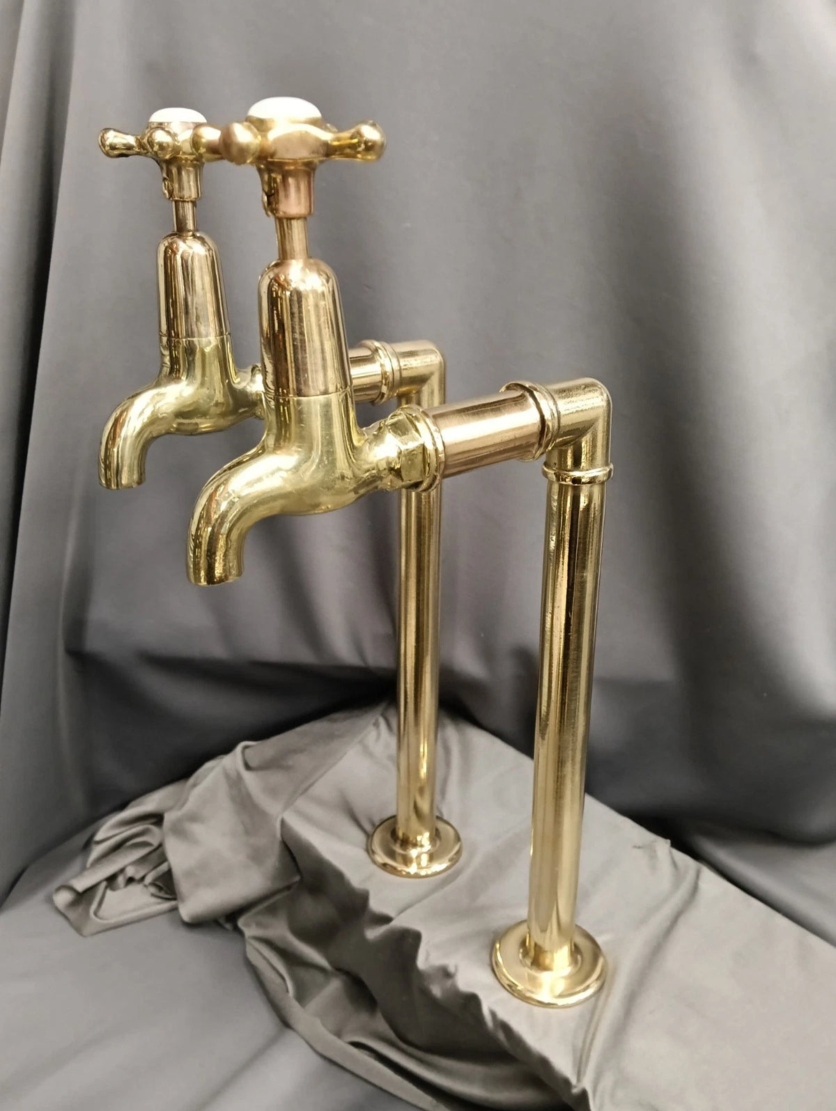 Brass Bib Taps, Supertall, Long Reach Bare Brass, Reclaimed 16 cm Spout Reconditioned