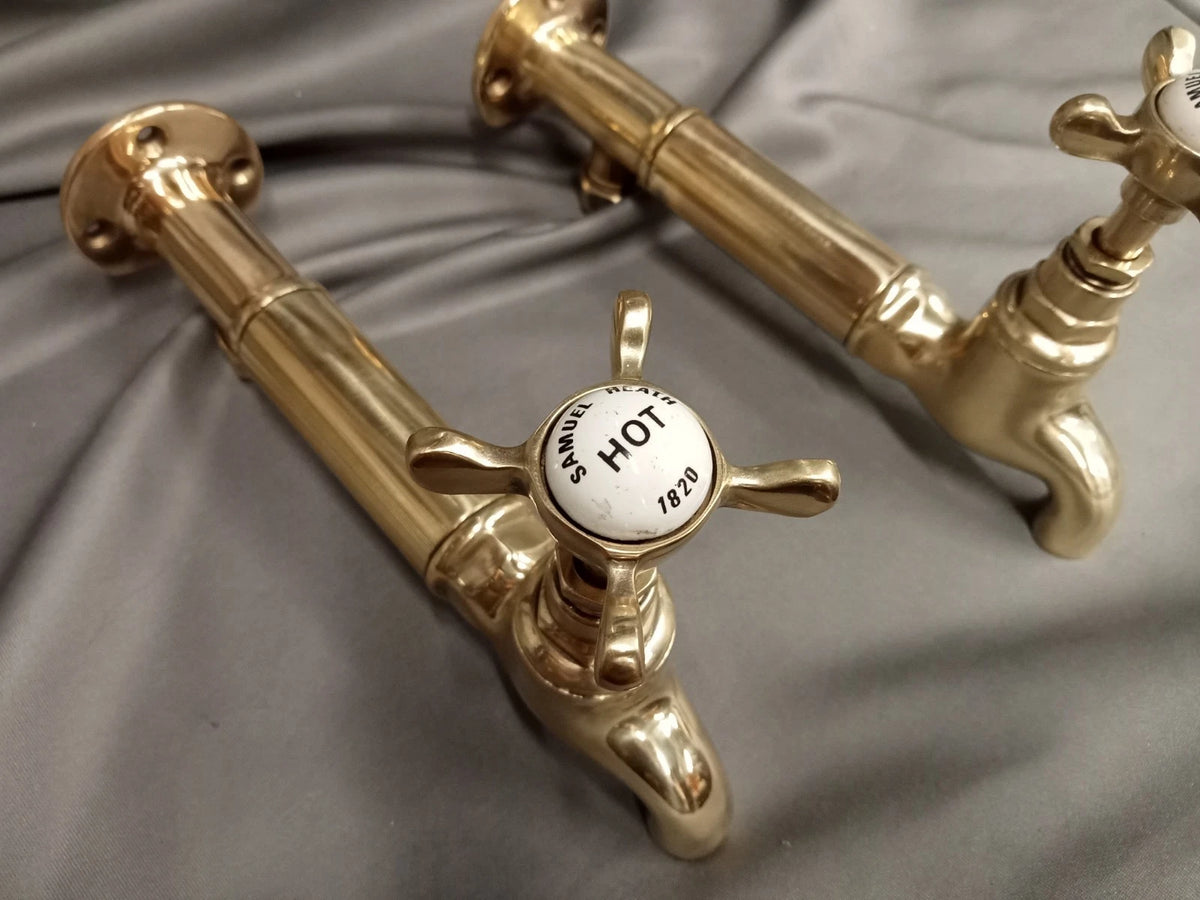 Bare Brass Wall Mounted Taps, Reclaimed and Fully Reconditioned