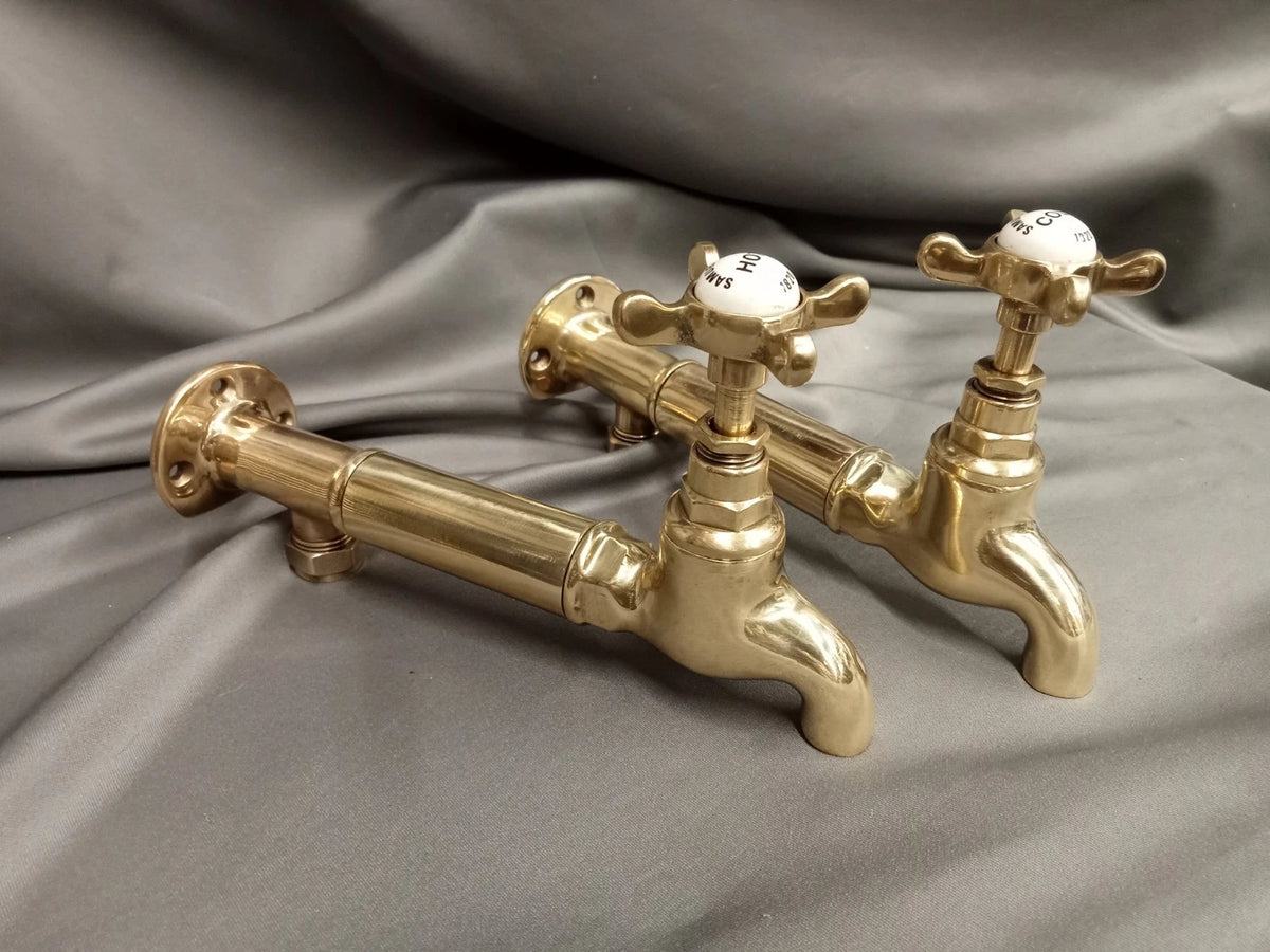 Bare Brass Wall Mounted Taps, Reclaimed and Fully Reconditioned