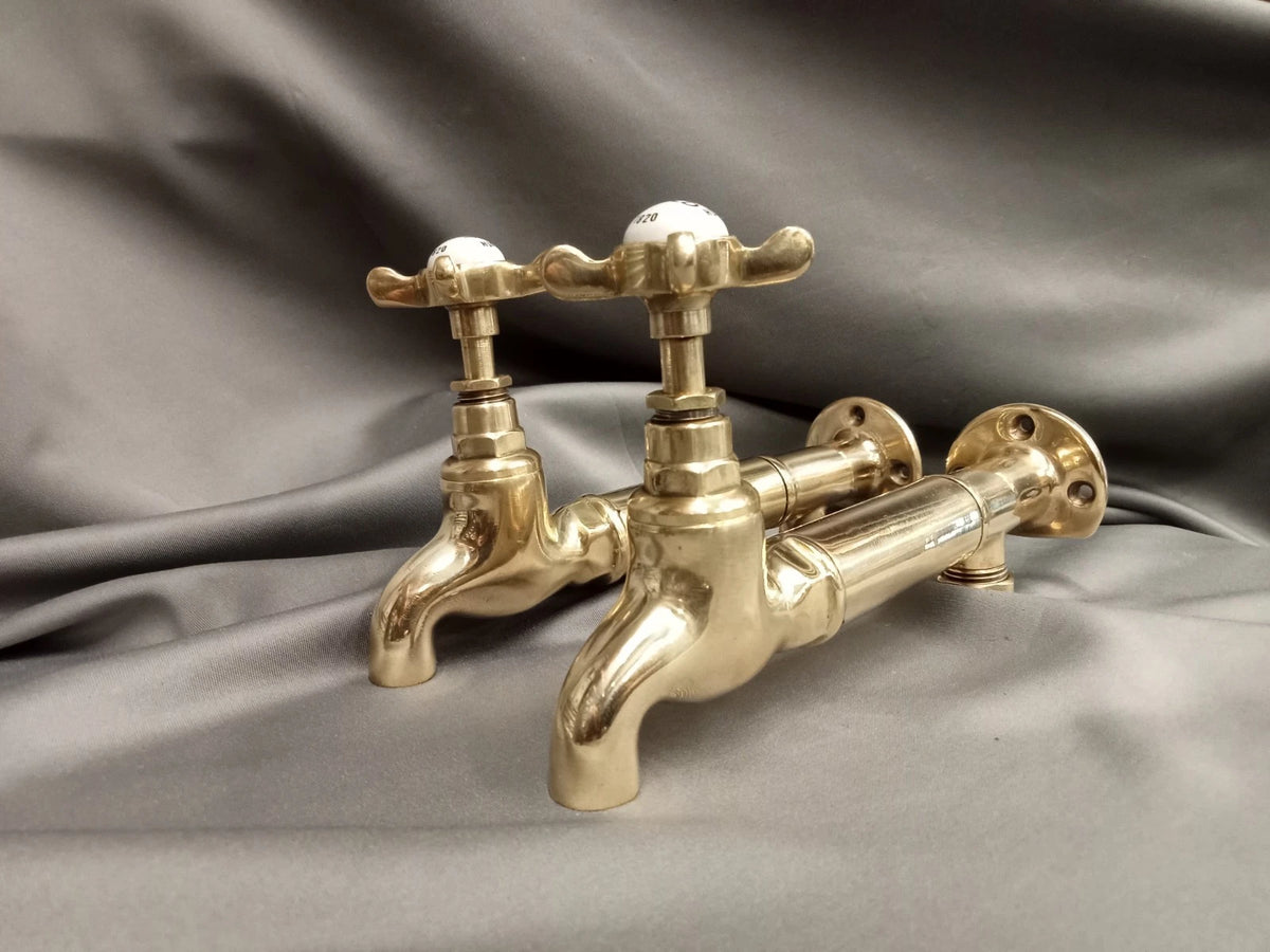 Bare Brass Wall Mounted Taps, Reclaimed and Fully Reconditioned