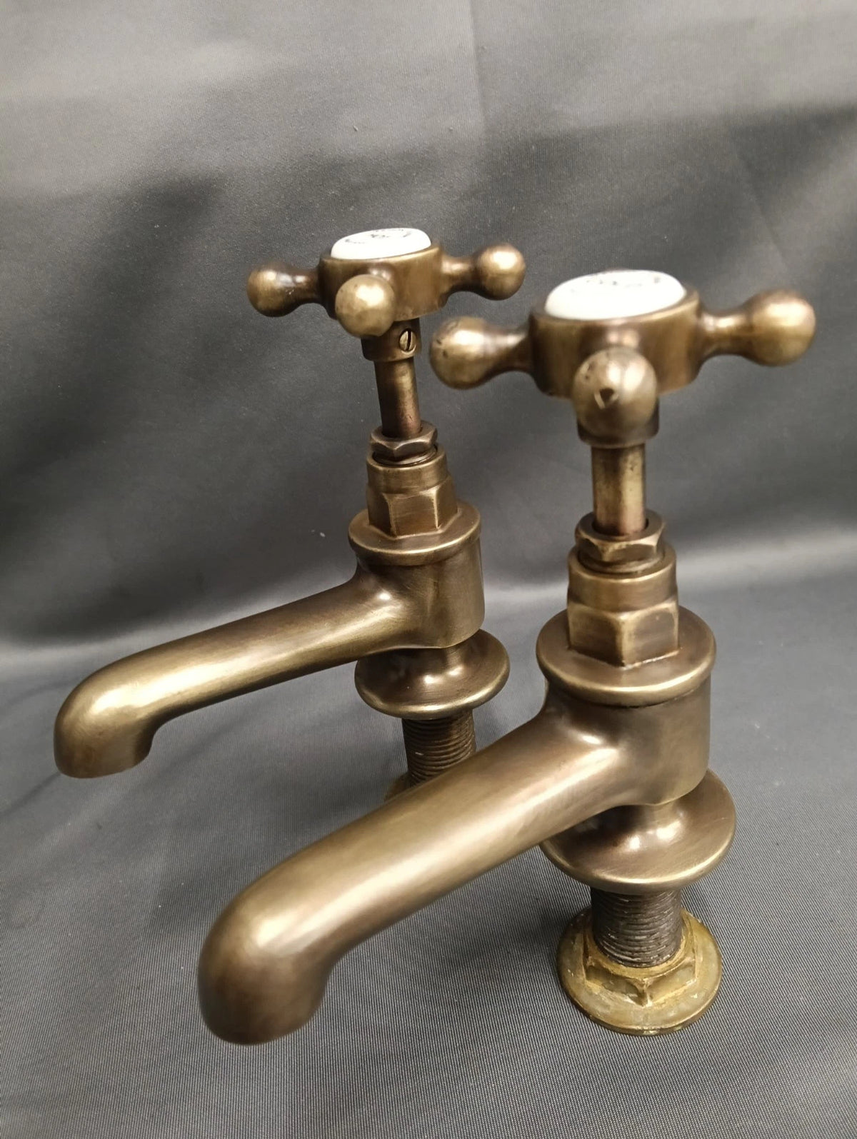 Vernon Tutbury Basin Taps Aged Bare Brass Reconditioned 9 cm Spout D1