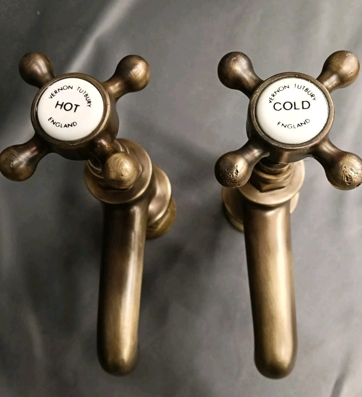 Vernon Tutbury Basin Taps Aged Bare Brass Reconditioned 9 cm Spout D1