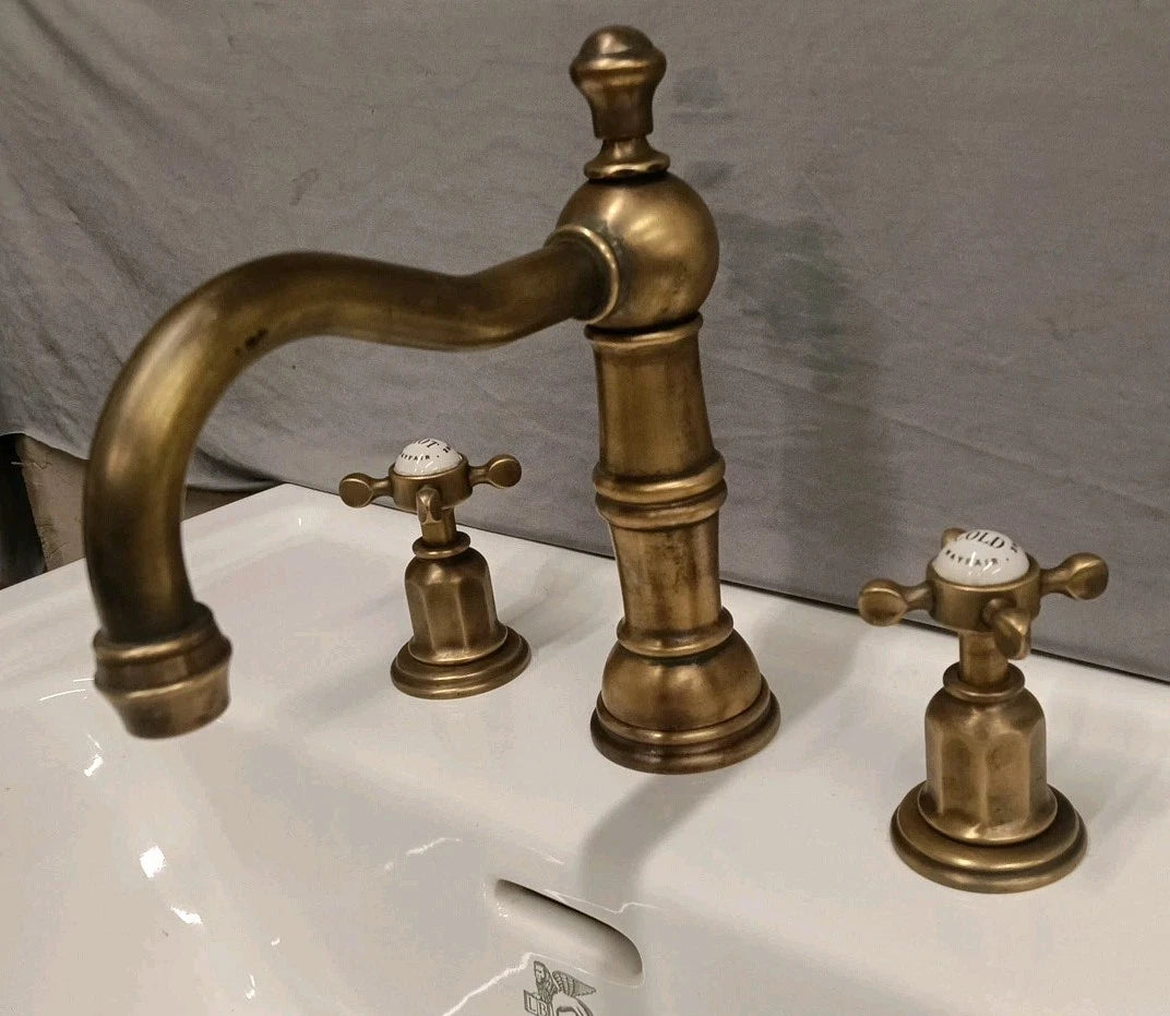Perrin & Rowe Bare Aged Brass Three Hole Basin Mixer Taps Reconditioned