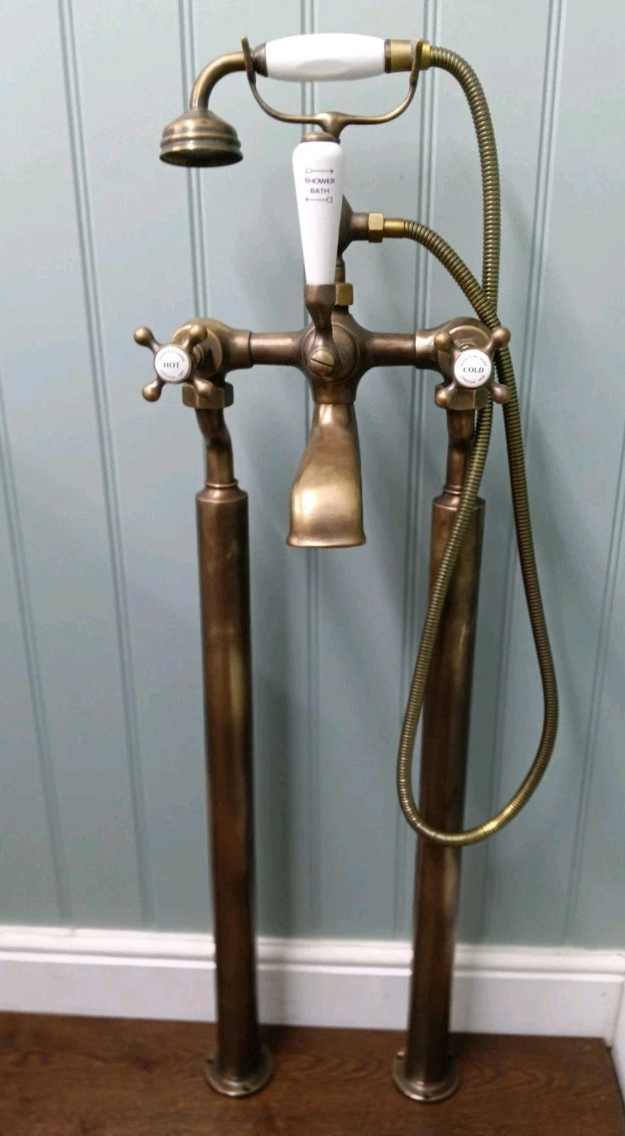 BARBER WILSONS AGED BRASS BATH SHOWER MIXER TAPS FREESTANDING RECONDITIONED