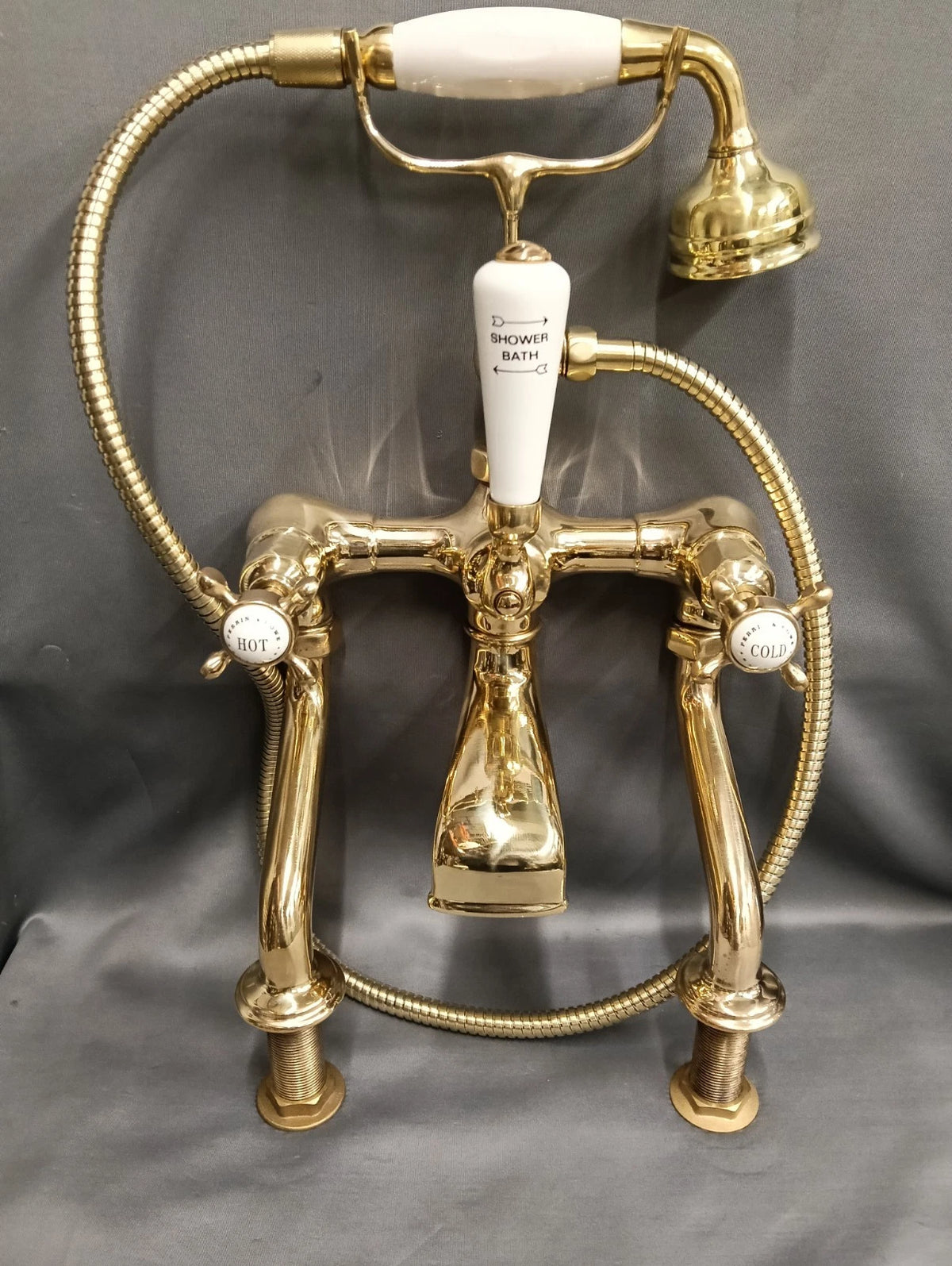 PERRIN & ROWE BARE BRASS BATH SHOWER MIXER TAP RECONDITIONED LONG REACH LEGS