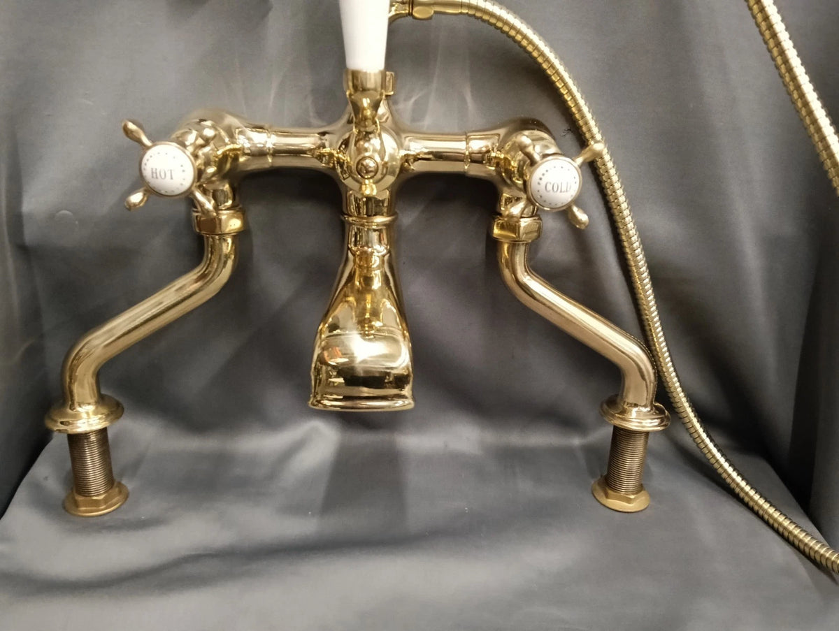 PERRIN & ROWE BARE BRASS BATH SHOWER MIXER TAP RECONDITIONED LONG REACH LEGS