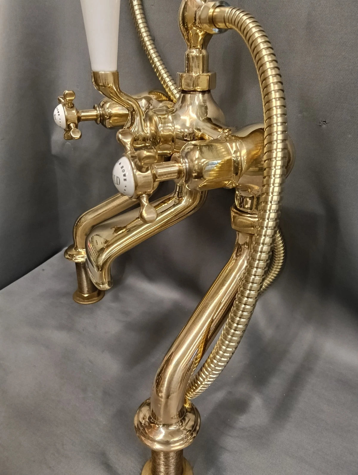 PERRIN & ROWE BARE BRASS BATH SHOWER MIXER TAP RECONDITIONED LONG REACH LEGS