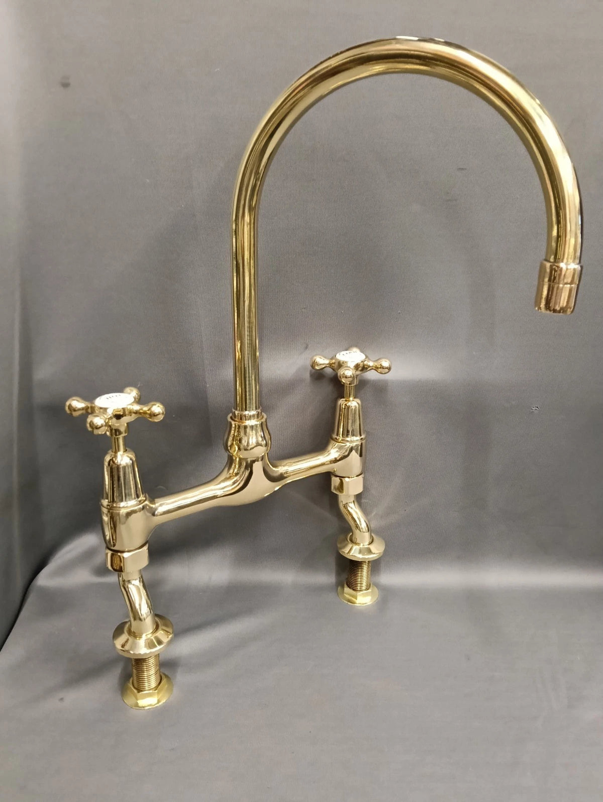 BARBER WILSONS BARE BRASS KITCHEN MIXER TAPS, RECLAIMED & FULL RECONDITIONED