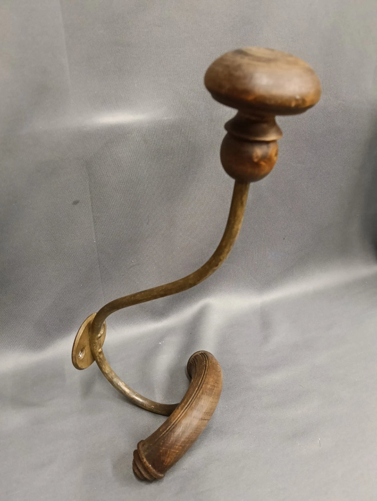 Large Aged Patina Brass & Wooden Coat Hook