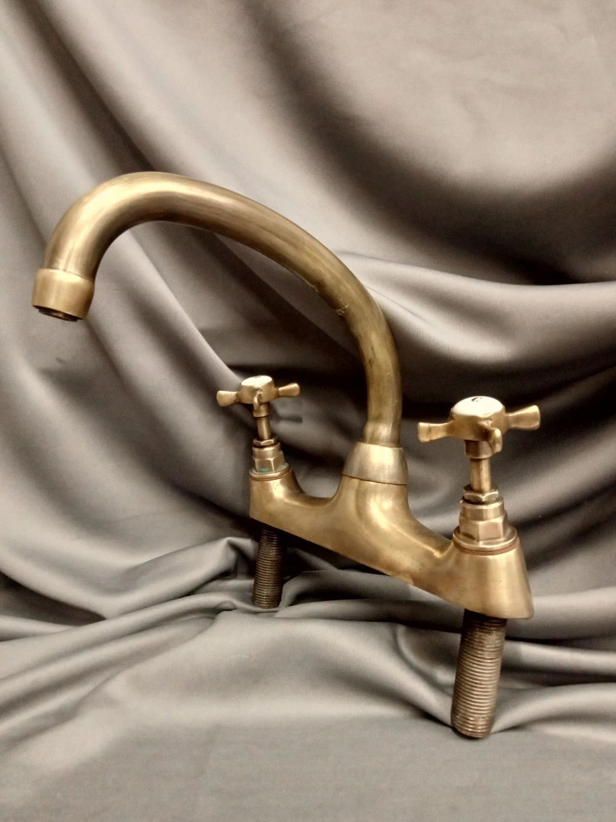 Kitchen Mixer Taps, Biflo, Bare Aged Brass Flat Base Mounted Taps
