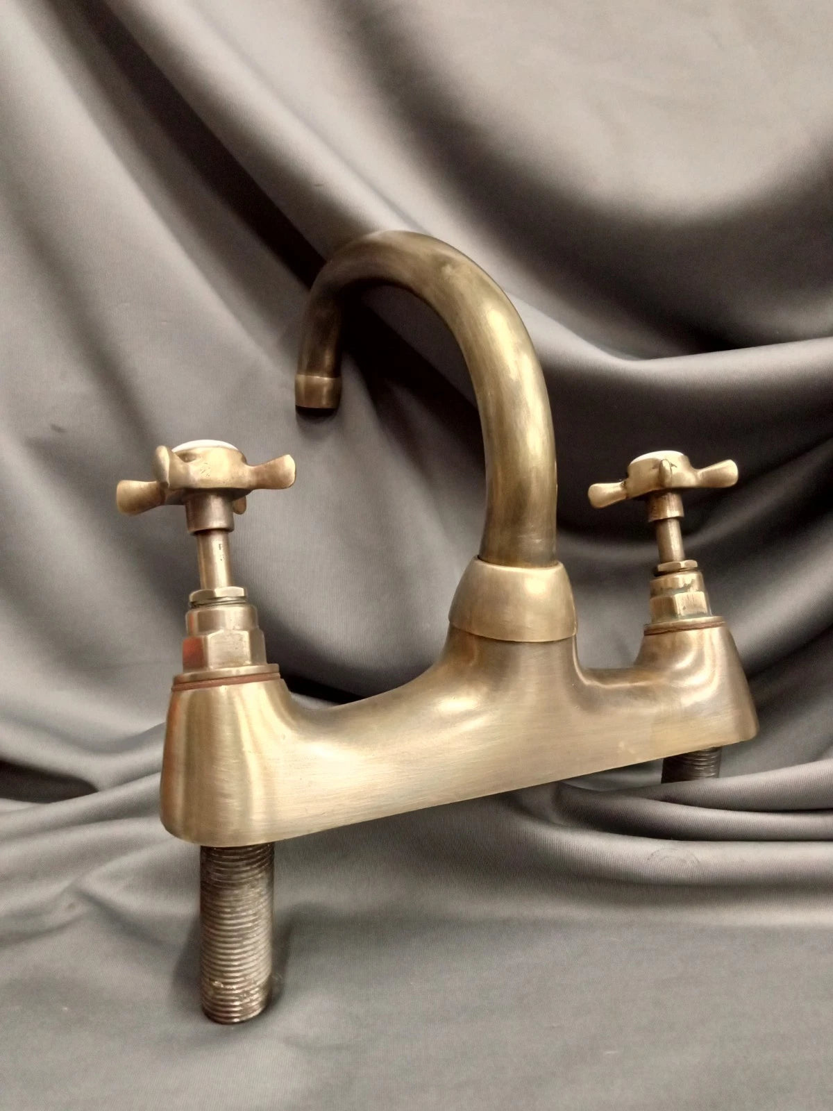 Kitchen Mixer Taps, Biflo, Bare Aged Brass Flat Base Mounted Taps