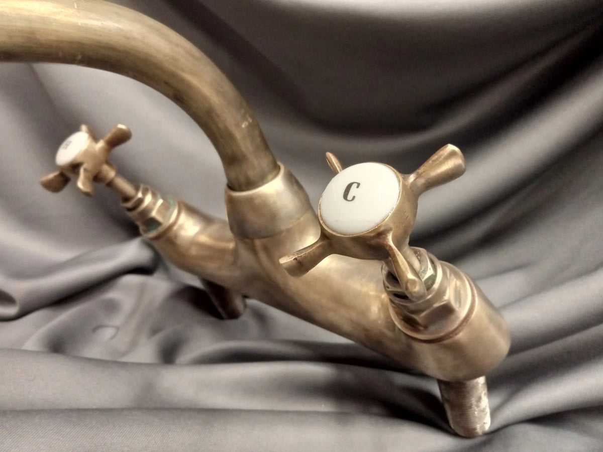 Kitchen Mixer Taps, Biflo, Bare Aged Brass Flat Base Mounted Taps