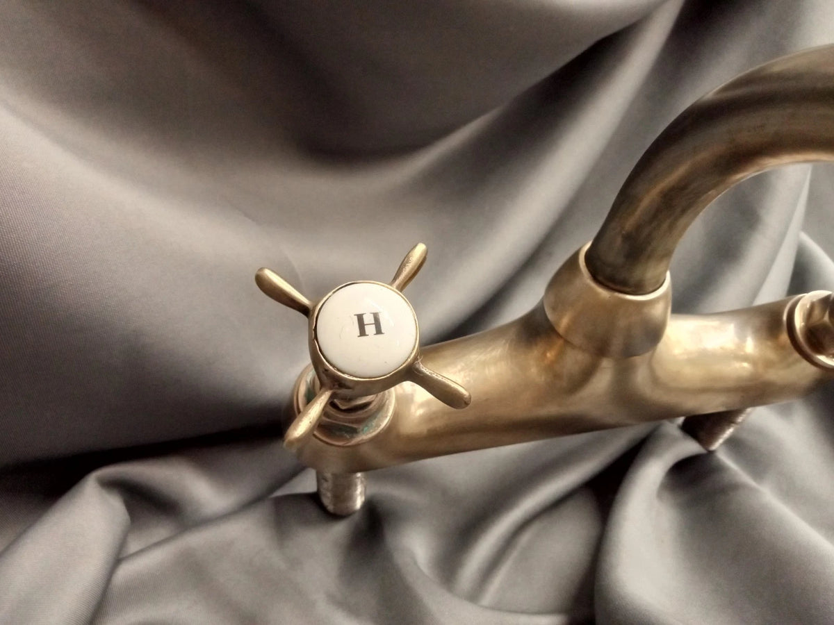 Kitchen Mixer Taps, Biflo, Bare Aged Brass Flat Base Mounted Taps