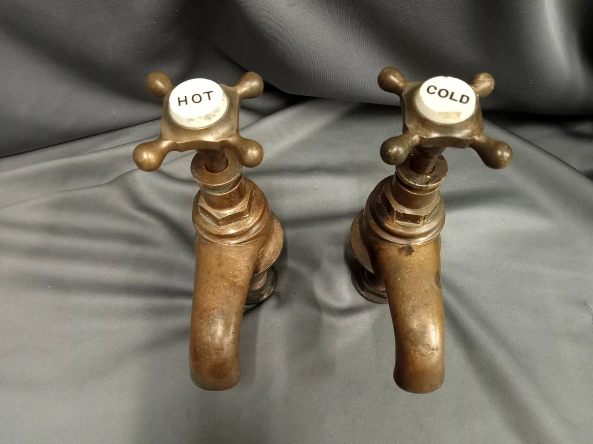 Old Brass  Bath Taps Original Dark Patina Long 3.5" Reach  Reclaimed Refurbished