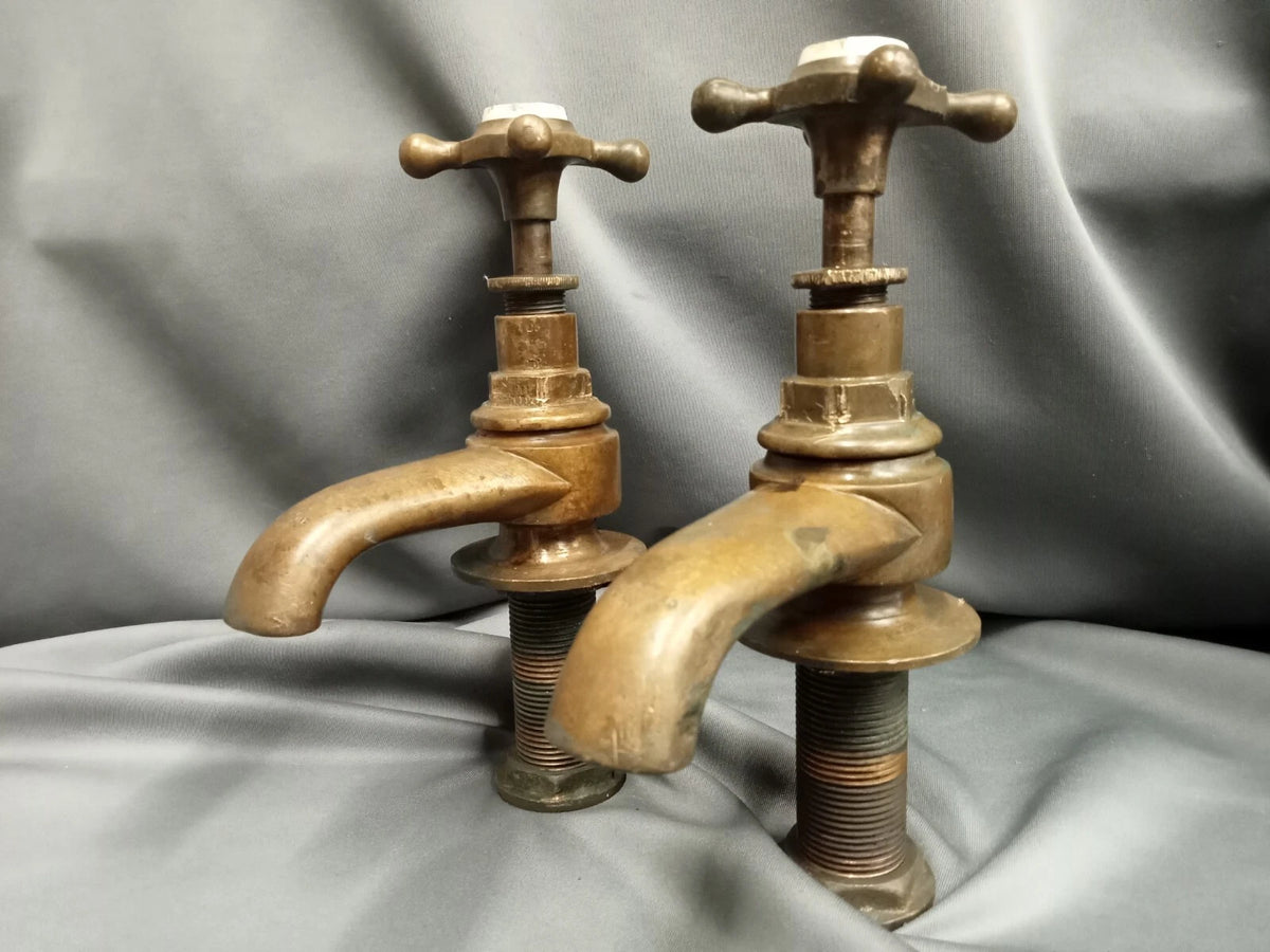 Old Brass  Bath Taps Original Dark Patina Long 3.5" Reach  Reclaimed Refurbished