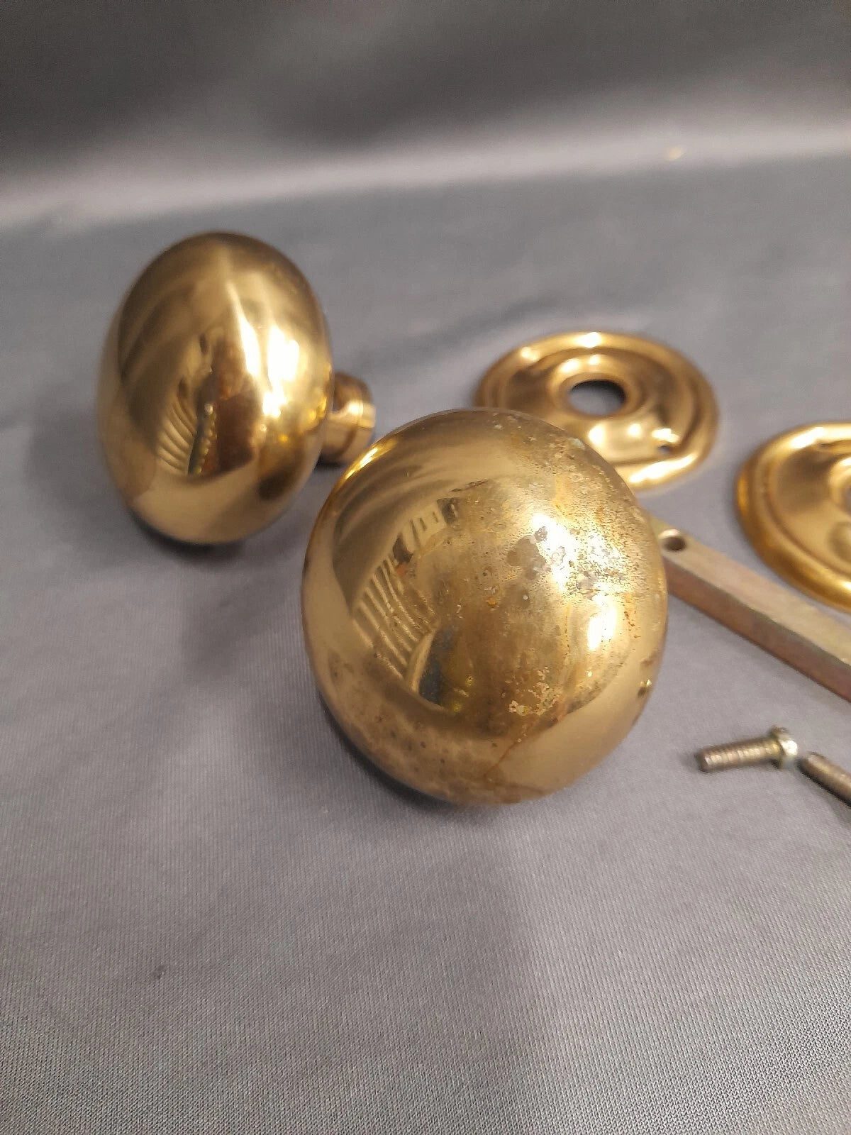 2 Brass Round Door Knobs / Pulls Vintage with Backplates