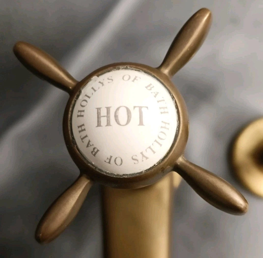 Hollys of Bath Long Reach Aged Brass Bathroom Basin Taps New Old Stock
