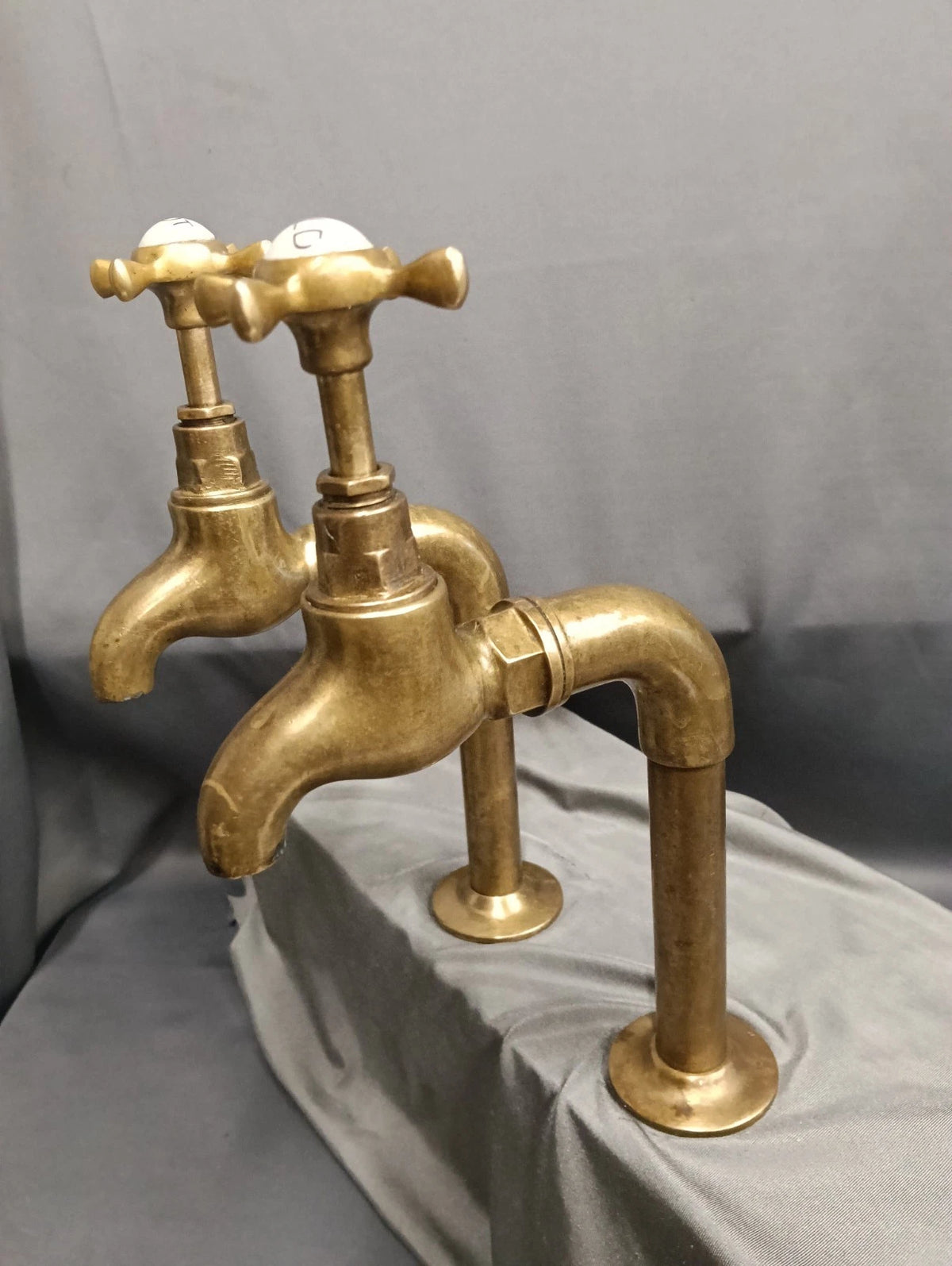 Aged Brass Tall Bib Taps 13 cm Spout Reclaimed & Fully Reconditioned One Pair