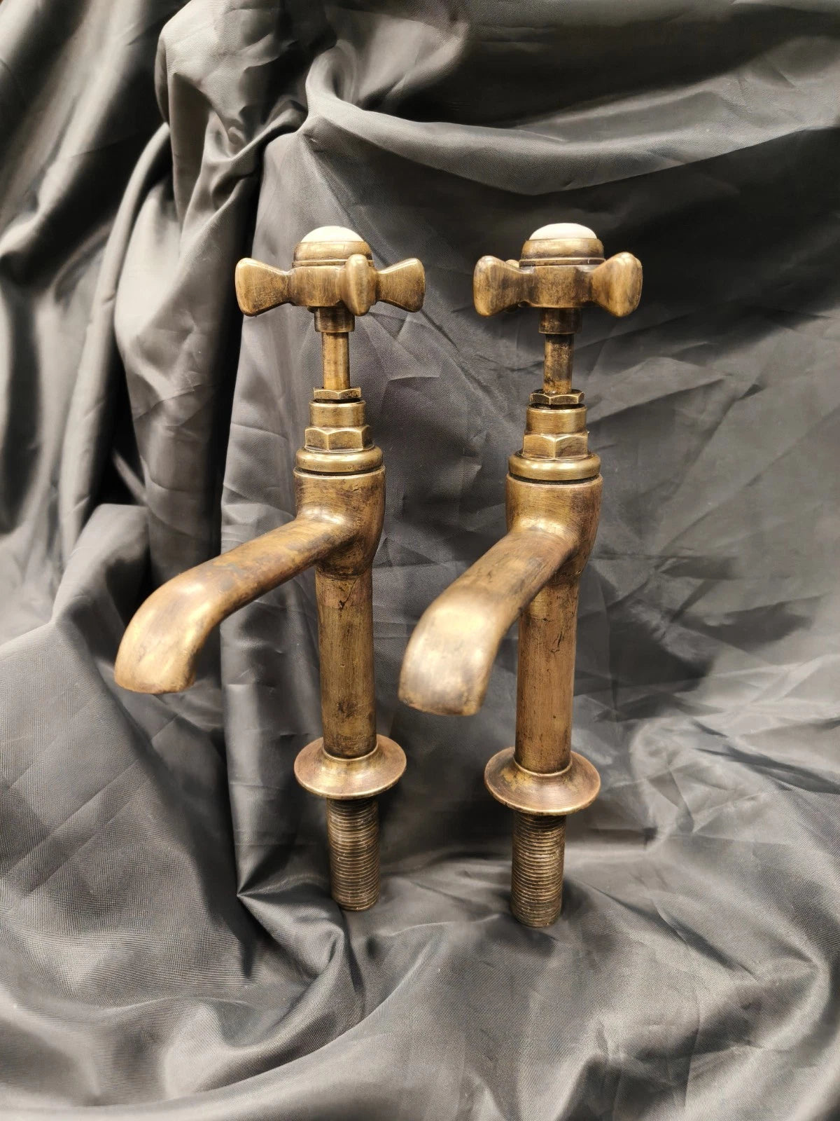 Aged Bare Brass Pillar Taps, Reclaimed & Reconditioned Ready to Fit 10 cm Spout
