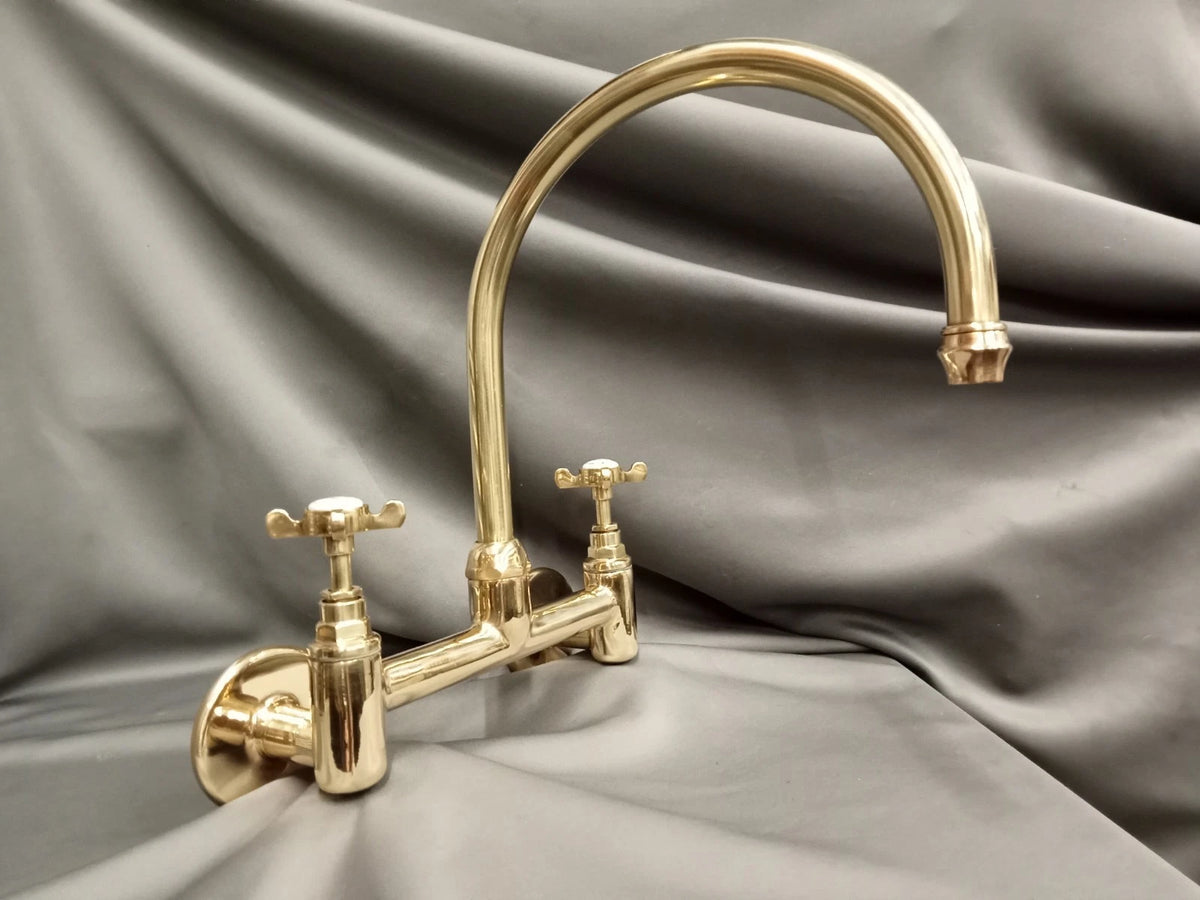 Bare Brass Kitchen Mixer Tap, Wall Mounted, Ideal Belfast Sink, Refurbed