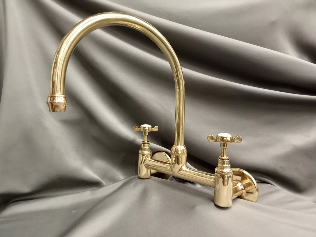 Bare Brass Kitchen Mixer Tap, Wall Mounted, Ideal Belfast Sink, Refurbed