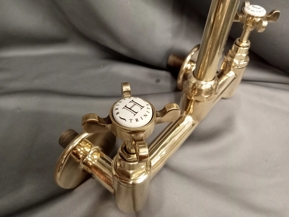 Bare Brass Kitchen Mixer Tap, Wall Mounted, Ideal Belfast Sink, Refurbed