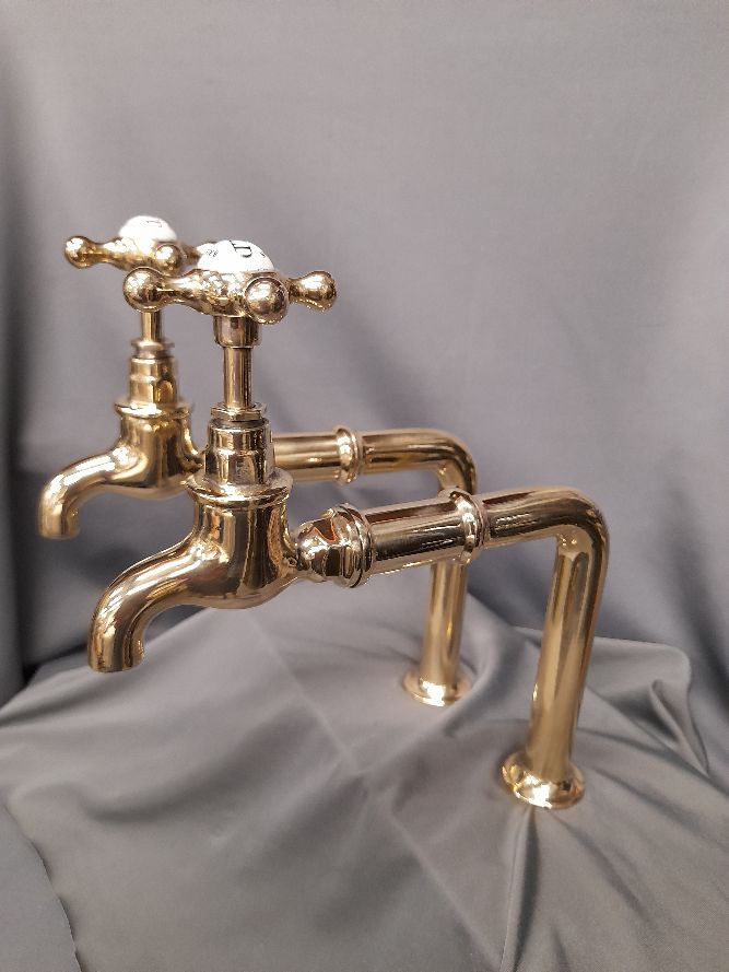 Tall Brass Bib Taps, Reclaimed & Fully Refurbished Long 20 cm Reach Spout Taps