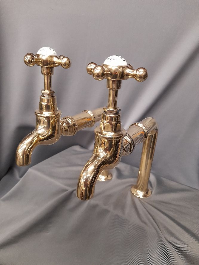 Tall Brass Bib Taps, Reclaimed & Fully Refurbished Long 20 cm Reach Spout Taps